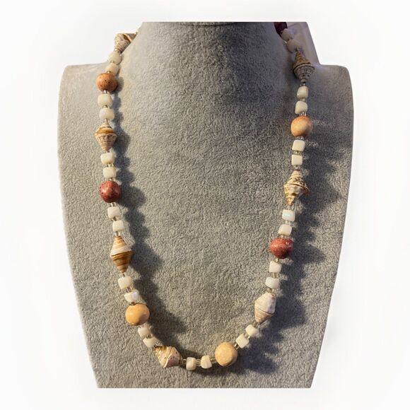 Lovely Authentic Shell & Natural Stone Agate Jasper Cube Beaded Boho Necklace - Picture 2 of 9